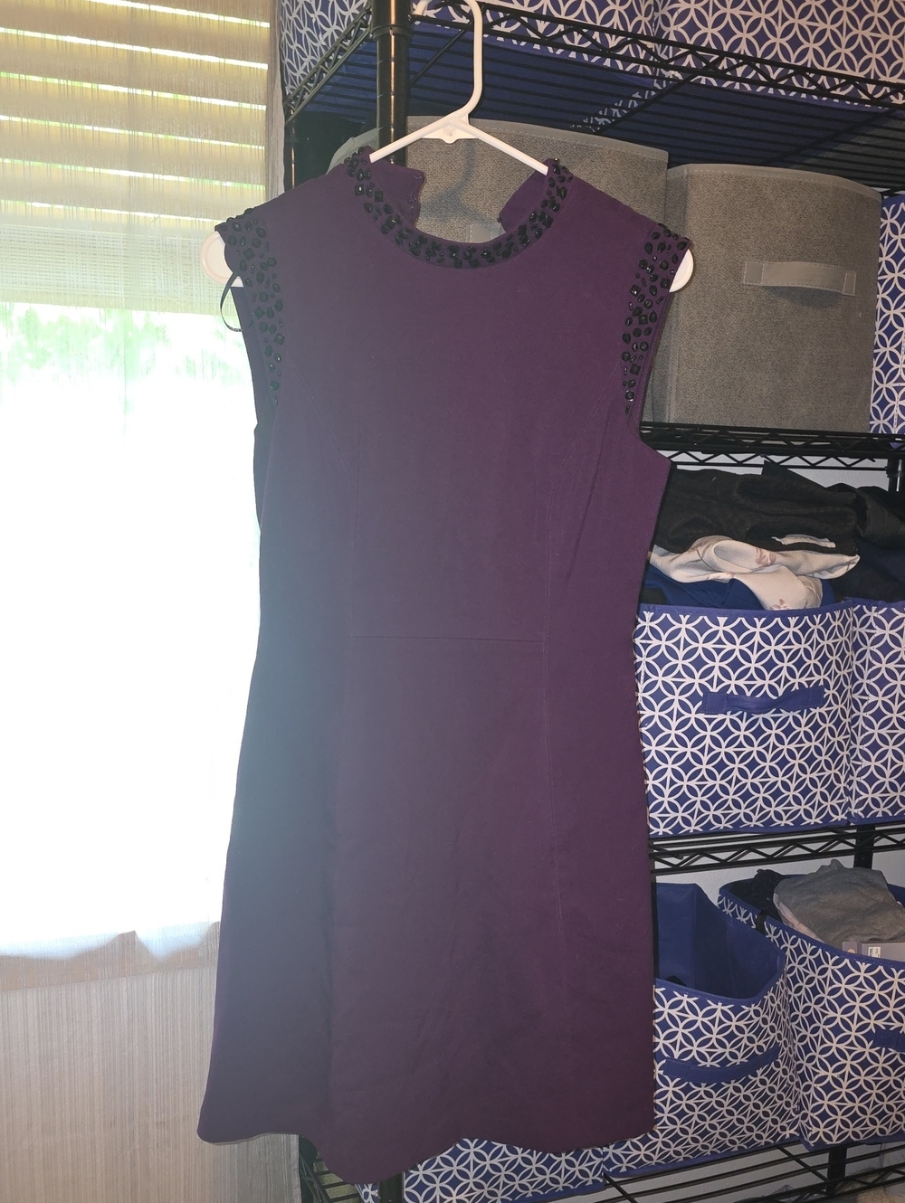 Womens Sleeveless Purple Beaded Neckline Dress